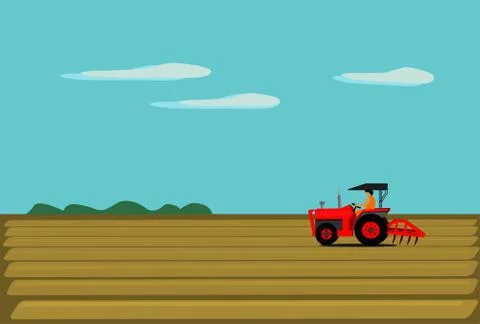 The man is driving a red tractor. In order to plow the soil in the field. Have a Stock Illustration