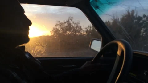 Man driving in silhouette behind a sunset Stock Footage 335959502