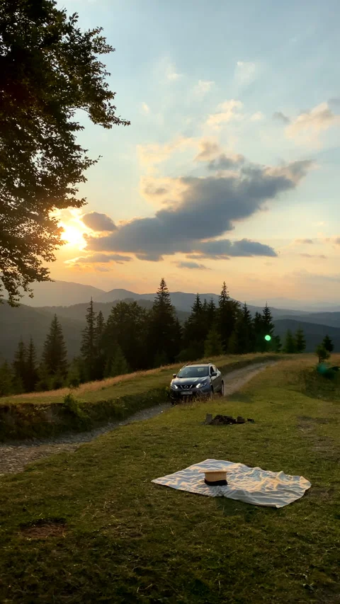 Man driving suv by trail on sunset at carpathian mountains Stock Footage 232581932
