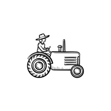 Man driving tractor hand drawn sketch icon. Stock Illustration