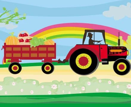 Man driving a tractor with a trailer full of vegetables Stock Illustration