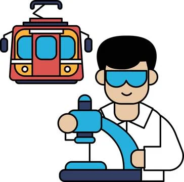 A man is driving a train with a man in a lab coat next to him Stock Illustration