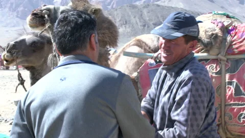Man with dromedaries greeting another man, 4K, DNxHR Video stock 152244643