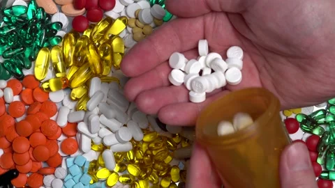 Man drop prescription pills from a bottle in plate with drugs. The pain kille Stock Footage