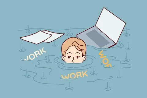 Man drowning in work with documents and laptop, needing time management to solve Stock Illustration