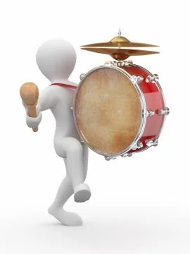 Man with drum and drumstick on white isolated background. 3d Illustrazione stock