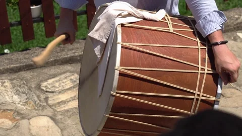 Man drumming on Macedonian wedding ceremony, playing traditional songs with a Stock Footage 249663739