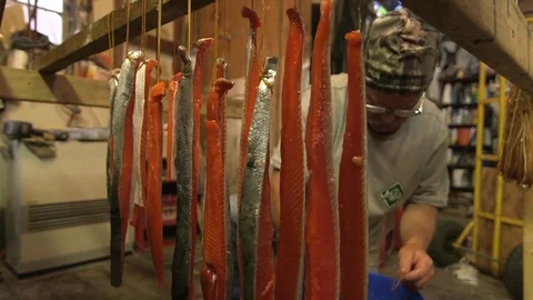 Man drying fish fillets in the wooden cabin Stock Footage 83179682