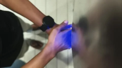 Man drying hands under automatic wall-mounted hand dryer with blue LED light . Vidéo 346986284