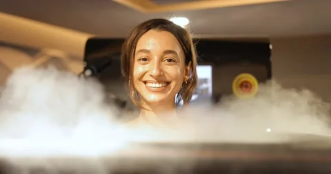 Man during cryotherapy in a special capsule Stock Footage 149410491