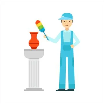 Man Dusting Antique Vase With Dust Brush, Cleaning Service Professional Cleaner Illustrazione stock