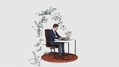 Man earning dollars on laptop - 3d render looped with alpha channel. Stock Footage 251845286