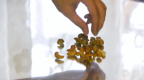 Man eating cashew nuts lying on a mirror table, close-up, timelapse Video stock 67719402