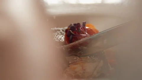Man Is Eating Frying Fish With Fork And Knife In Restaurant, Dish Closeup. Stock Footage 254481898