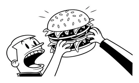 Man eating large hamburger with hands cartoon black and white Stock Illustration