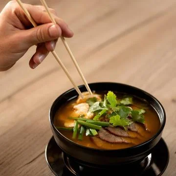 Man Eating Meat thai soup with chopsticks. Close up shot. Bowl of hot soup with Stock Photos