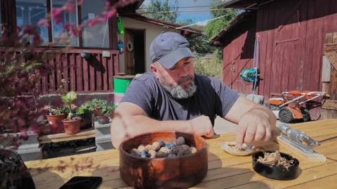 Man Eating Walnut Kernel at Table With Nutcracker in the Yard Stock Footage 348028621