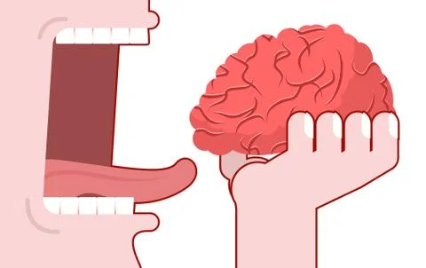 Man eats brain. Consumption of ideas. Brain in his hand. open mouth with teet Stock Illustration