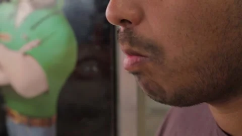 Man Eats Grilled Meat Skewer at Sydney Market, Close-Up Tasting Sequence Stock Footage 345702257