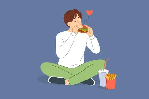 Man eats hamburger with sausage and cheese, sitting on floor and enjoying taste Stock Illustration