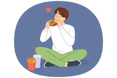 Man eats hamburger with sausage and cheese, sitting on floor and enjoying taste Stock Illustration