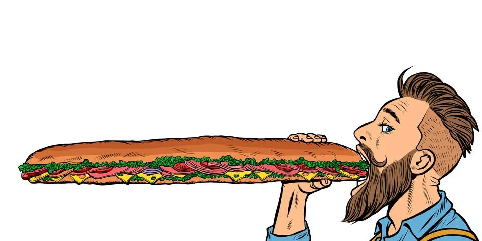 Man eats a long sandwich Stock Illustration