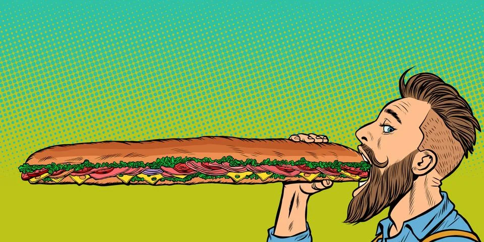 Man eats a long sandwich Stock Illustration