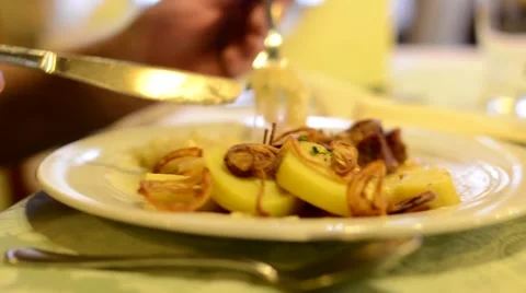 Man eats lunch in restaurant - detail on meal Stock Footage 47240002
