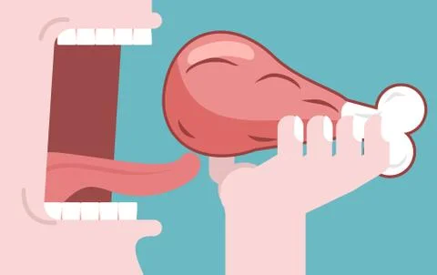 Man eats meat. Consumption of ham. Pork on bone. Open mouth with tongue and t Stock Illustration