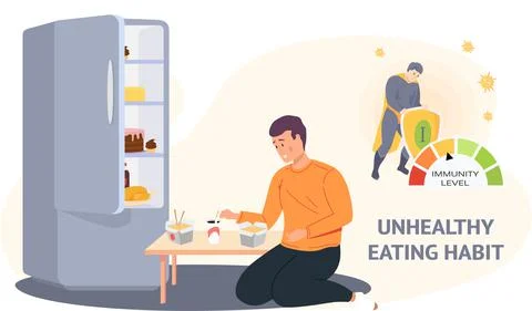 Man eats noodles and drinks soda. Eating junk food. Immunity level decreases due Stock Illustration