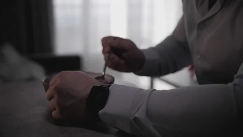 A man eats oatmeal. Healthy breakfast. Stock Footage 239024337