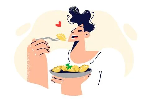 Man eats ravioli enjoying taste of Italian dish delivered from restaurant or Stock Illustration