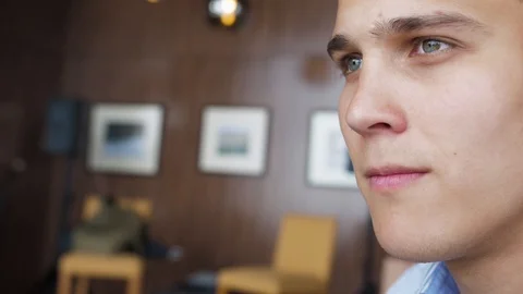 Man eats salad in a cafe, close up, vegetarian food, slow motion Stock Footage 114303995