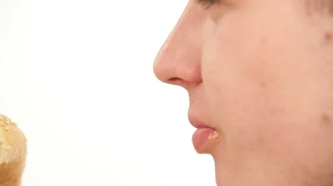 Man Eats A Sandwich Isolated Close-up Stock Footage 52459830