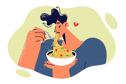 Man eats spaghetti or pasta ordered from italian restaurant and enjoys long Stock Illustration