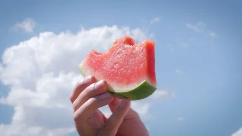 Man Eats Watermelon At Summertime Picnic Stock Footage 79386128
