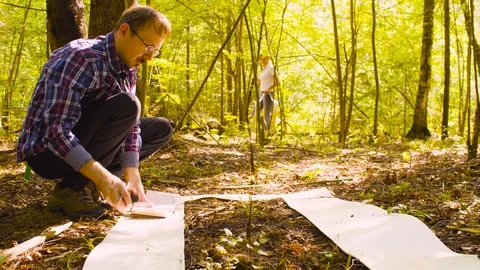 The man ecologist describes the plants inside the square marking site. Video stock 95301557