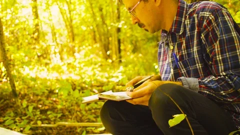 The man ecologist measuring plants 스톡 동영상 95302840
