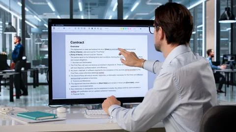 Man Editing Handwritten Manuscript On Computer Using Online Proofreading Tool Foto stock