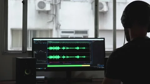 Man editing music in computer in home recording studio, silhouette back Stock Footage