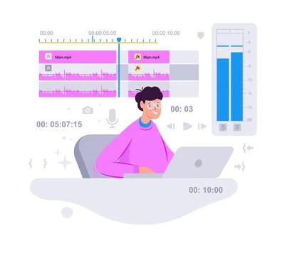 Man editing video at laptop Stock Illustration
