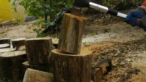 Man with effort chops large logs with a cleaver close-up, slow motion Stock Footage 254723700