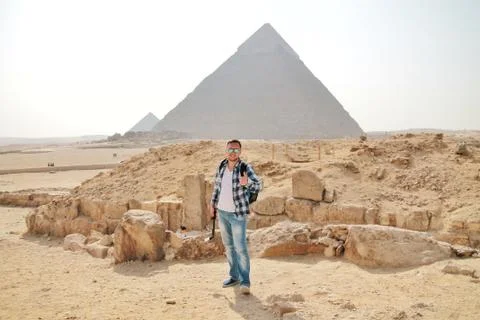 Man with the Egypt pyramids view Stock Photos