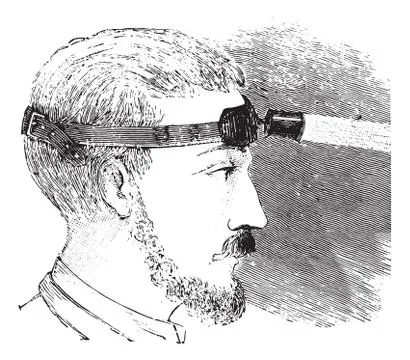 Man with electric light attached to strap on forehead, vintage engraving. Stock Illustration