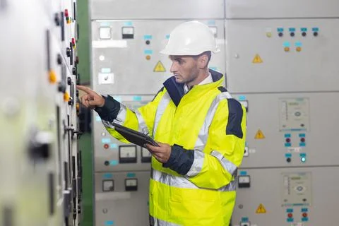 Man electrical engineer hold tablet monitoring electrical system in control room 스톡 사진