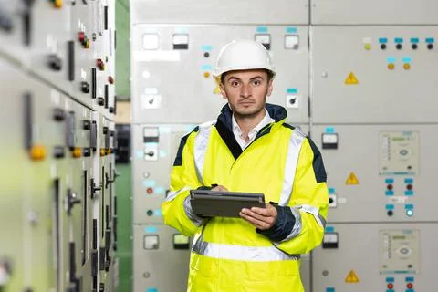 Man electrical engineer hold tablet monitoring electrical system in control room 스톡 사진
