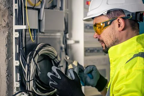 Man, an electrical technician working in a switchboard with fuses. Stock Photos