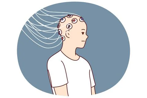 Man with electrodes connected to head to study brain activity and work of Stock Illustration