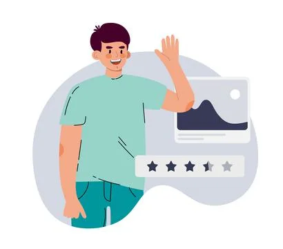 A man with elements of illustrations and feedback.  Ui ux designer arrangemen Stockillustratie