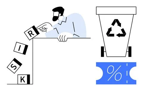 Man Eliminating Risk Using Recycling Bin with Percent Symbol as Financial M.. Stock Illustration
